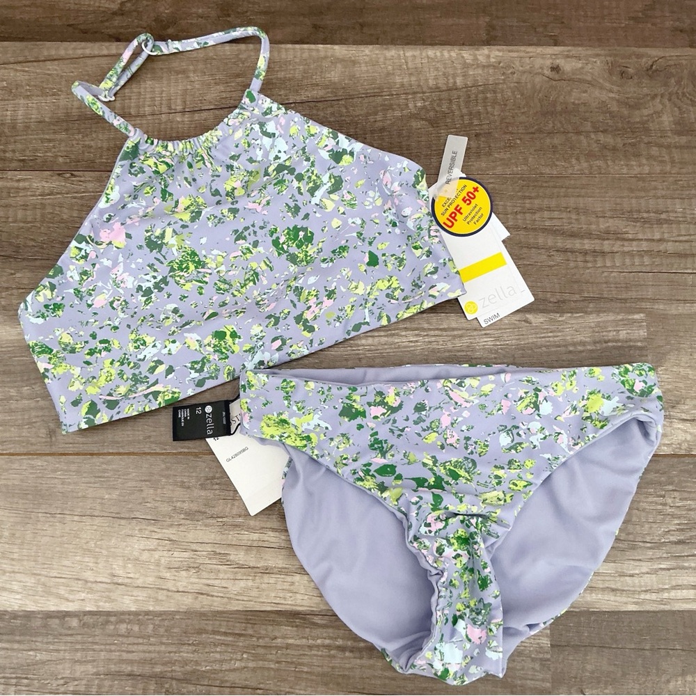 New Girls Zella Reversible Cosmic Purple Floral Bikini High Neck Size 12